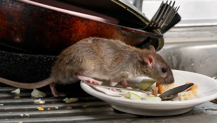 A picture of a rate eating off a dirty plate in a sink.