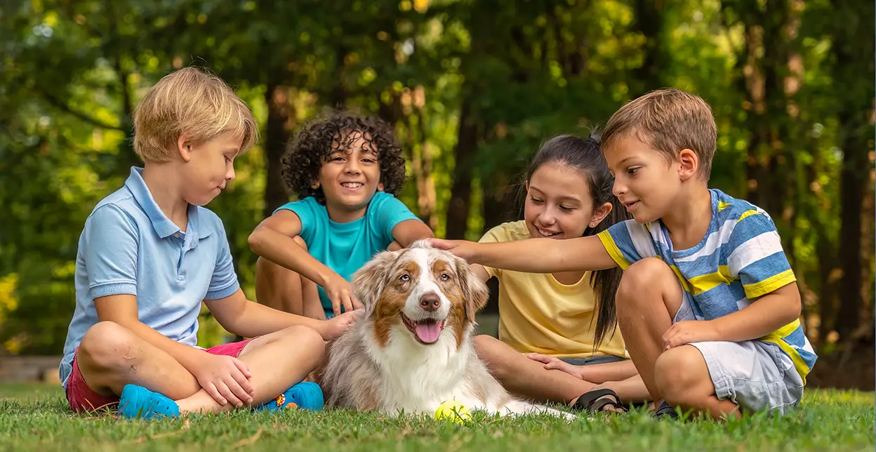 Children sitting around petting a dog in a yard.