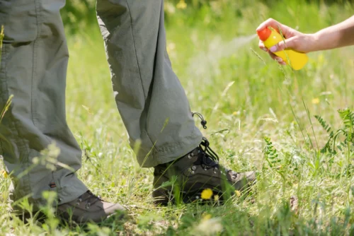 Woman-spraying-mans-legs-with-bug-spray